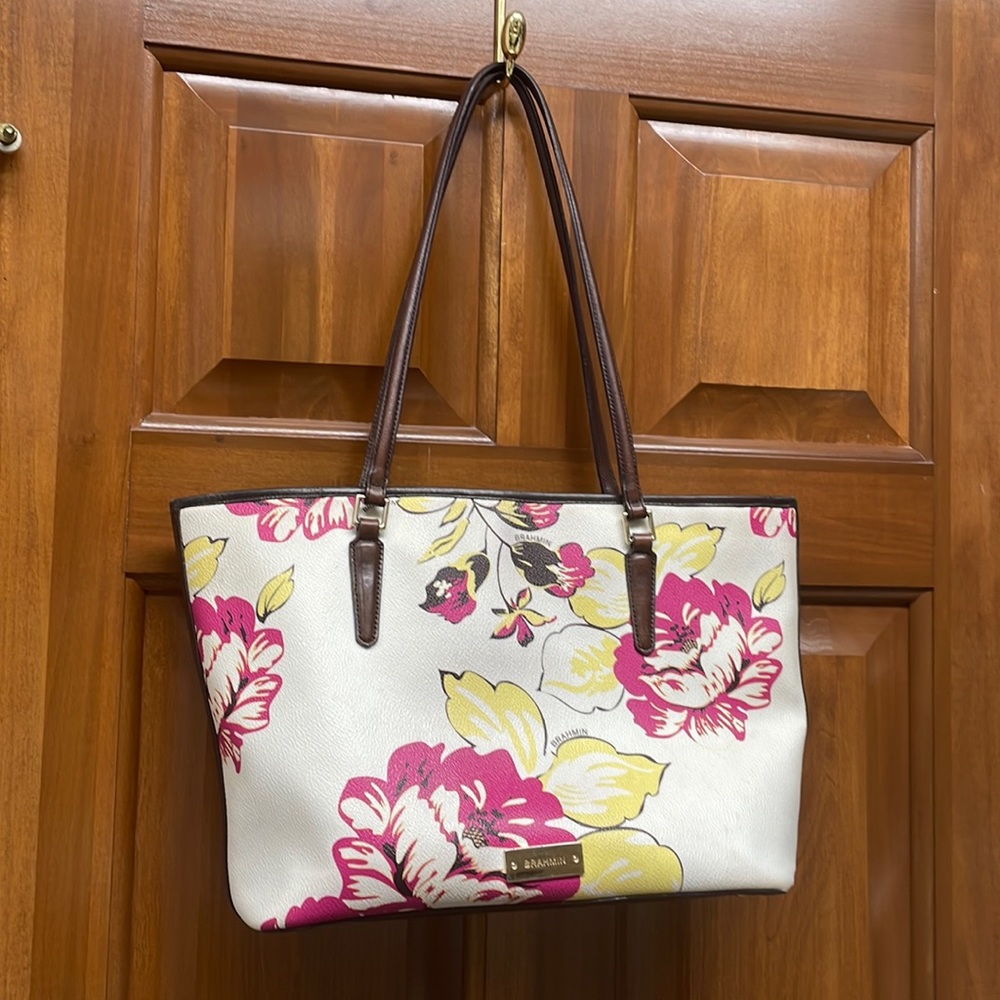 Brahmin Medium White Flower Tote